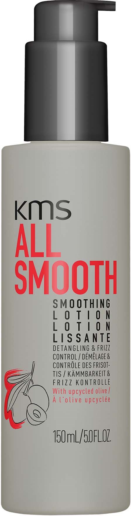Valkoinen pullo pumpulla, jossa lukee 'KMS All Smooth Smoothing Lotion' ja punainen piirros naisesta pitkine hiuksineen.