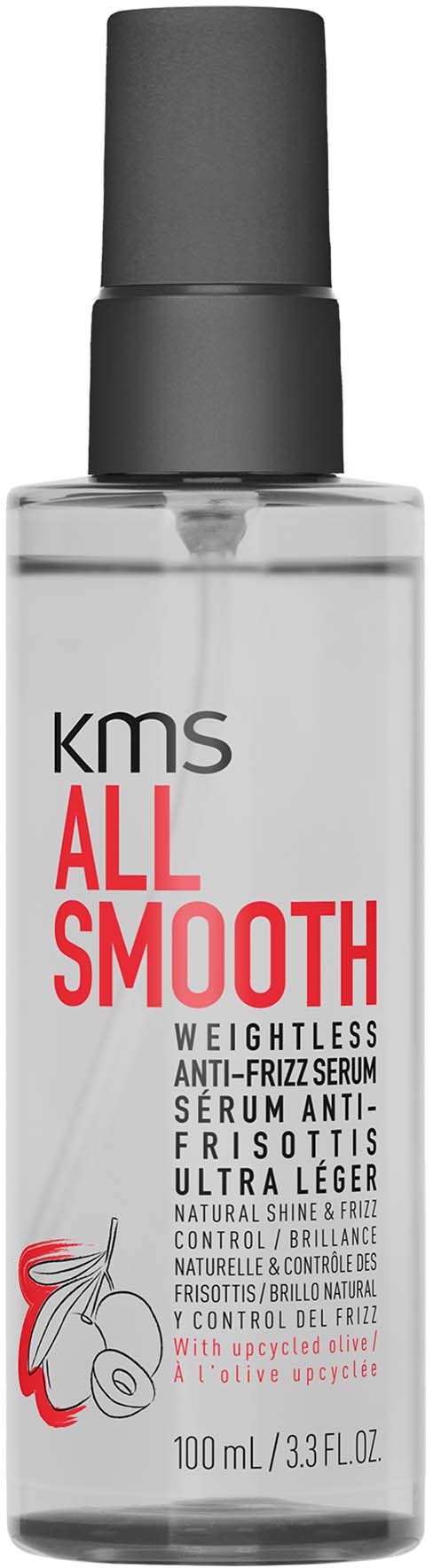 Eine klare Flasche mit schwarzem Deckel, gekennzeichnet mit KMS ALL SMOOTH, ein leichtes Anti-Frizz-Serum für das Styling der Haare.