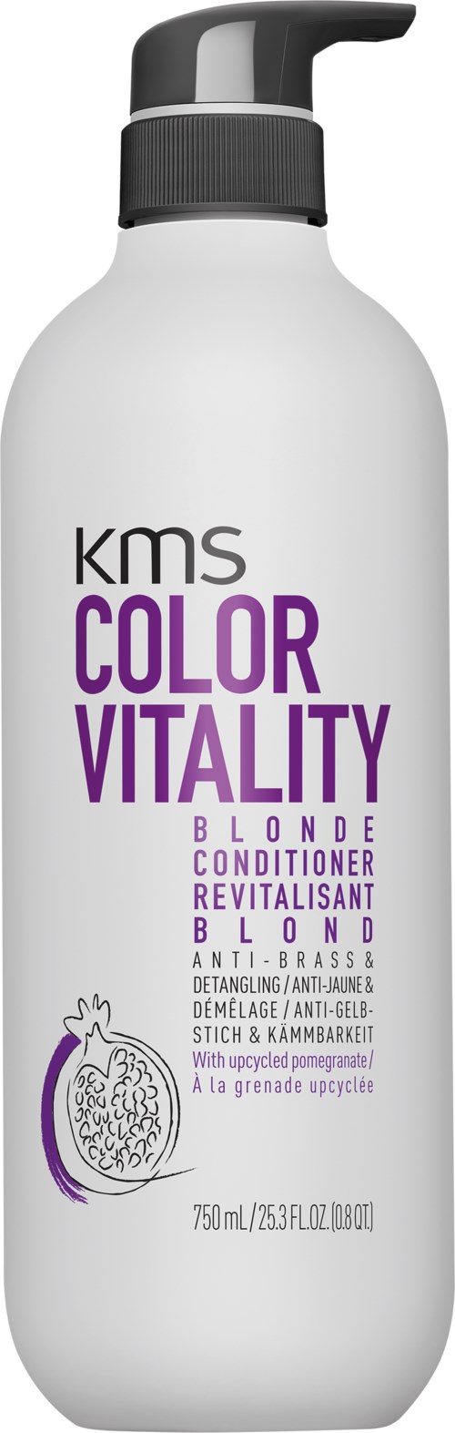 Een witte fles met een zwarte pomp, met het label 'KMS Color Vitality Blonde Conditioner' voor haarverzorging.