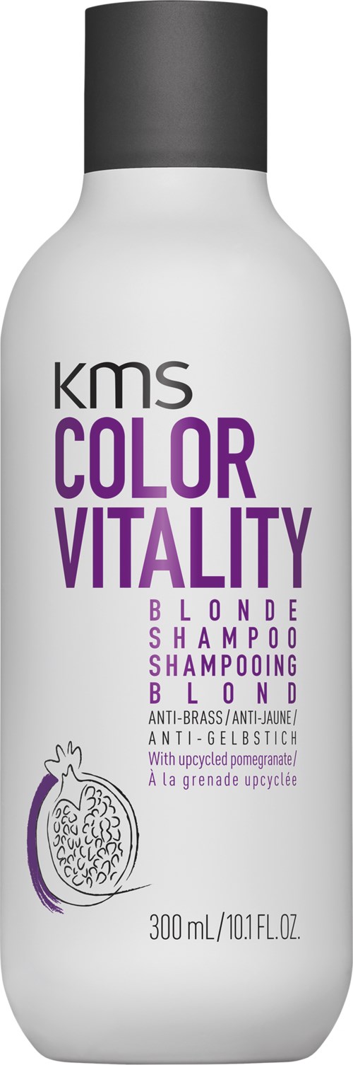 Een witte fles met zwarte dop. Het zegt KMS Color Vitality Blonde Shampoo met een granaatappelillustratie.