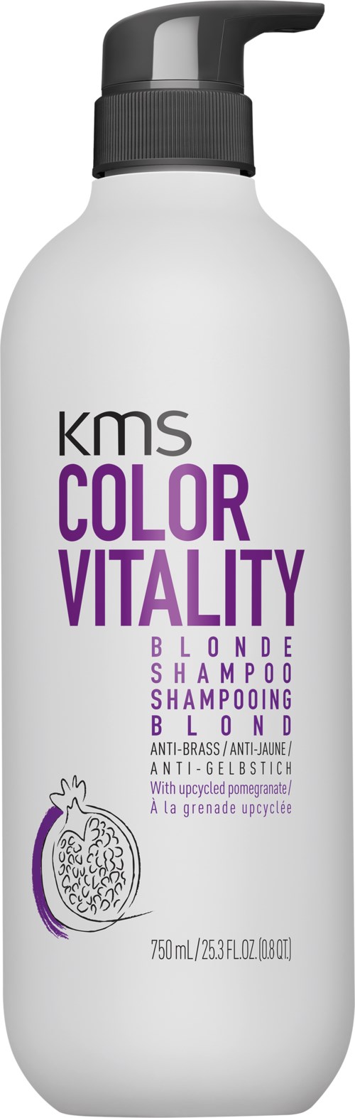 Een witte fles KMS Color Vitality Blonde Shampoo met paarse tekst en een granaatappelillustratie.