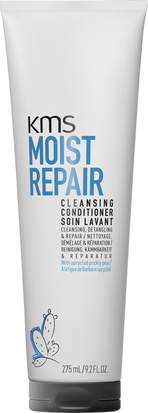 Een witte buis met blauwe en zwarte tekst, gelabeld 'KMS Moist Repair Cleansing Conditioner,' met een vlinderillustratie.