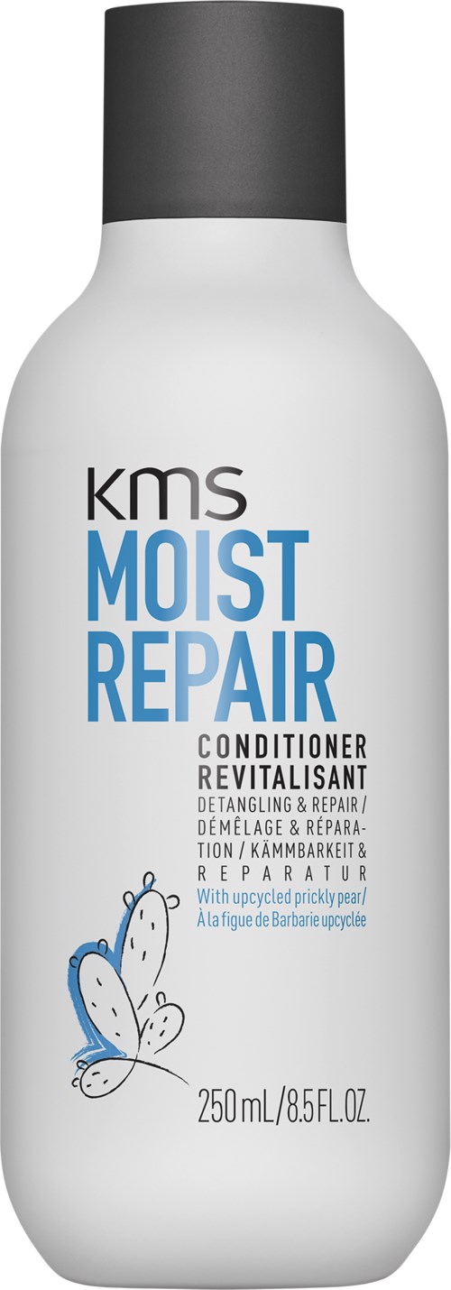 Een witte fles met een zwarte dop, label 'KMS Moist Repair Conditioner' voor haarherstel en hydratatie, met een vlinderillustratie.