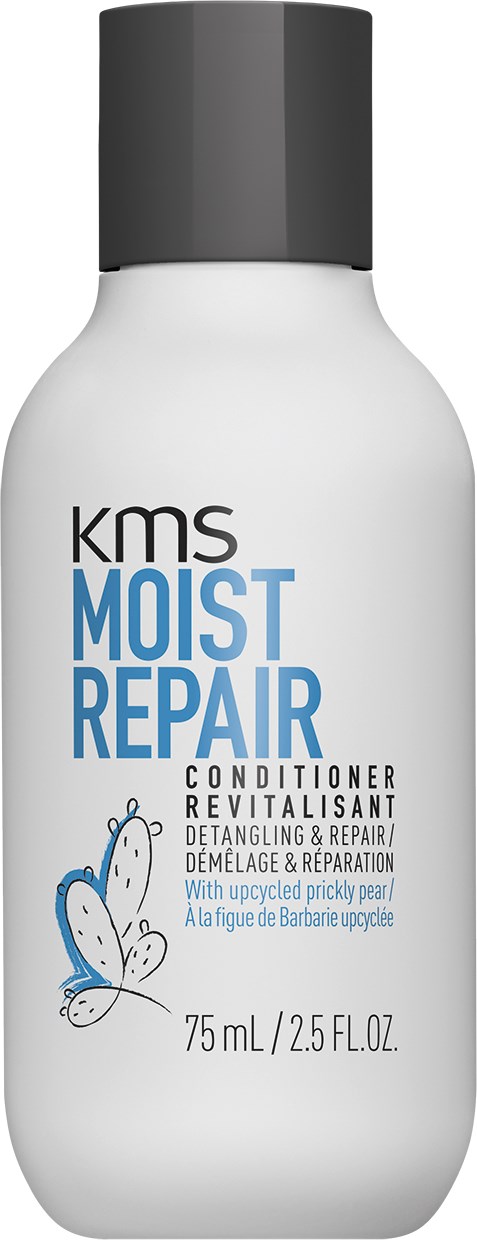 Een witte fles met zwarte dop, met KMS Moist Repair conditioner label, voor ontwarren en reparatie van beschadigd haar. Met een vlindertekening.