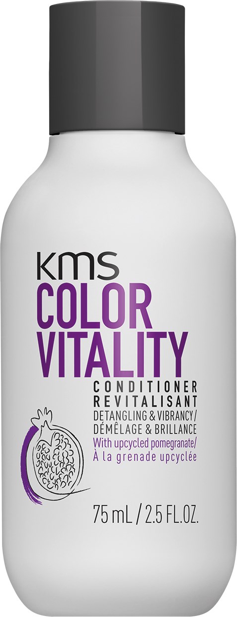 Een witte fles KMS Color Vitality conditioner met een zwarte dop, paarse en zwarte tekst, en een kleine illustratie van een granaatappel.