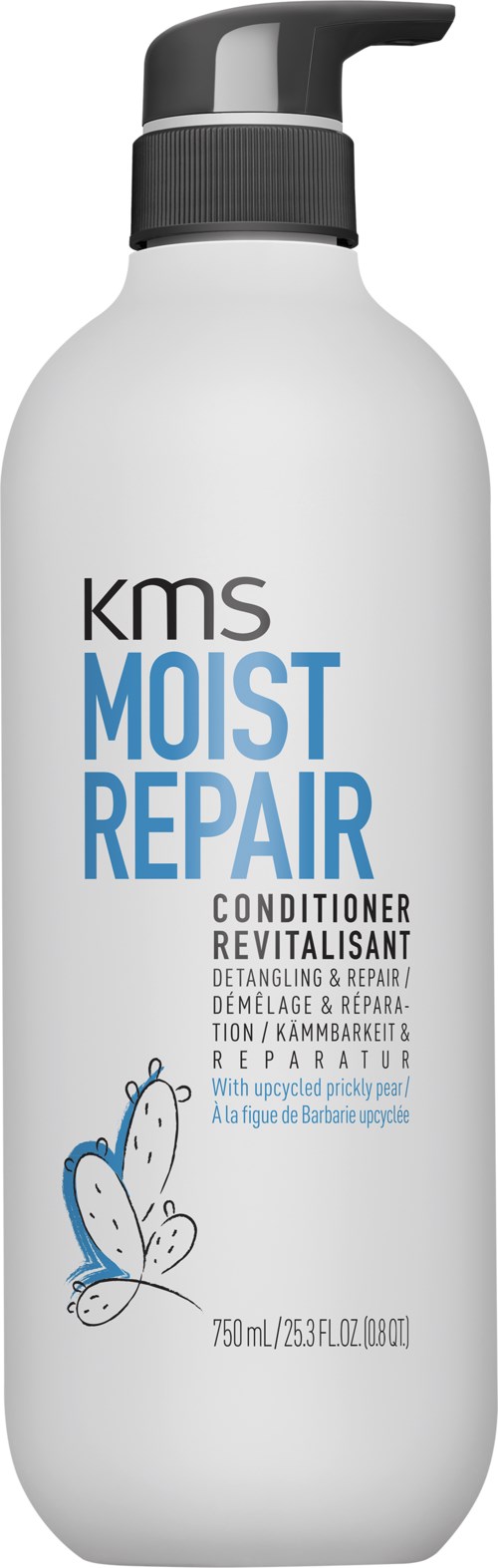 Een witte fles met pomp, gelabeld 'KMS Moist Repair Conditioner,' met een vlinderillustratie.