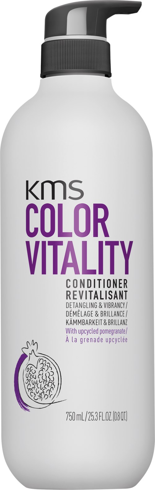 Een witte fles met een zwarte pomphandel, label KMS Color Vitality conditioner, met paarse en zwarte tekst en een granaatappelfoto.