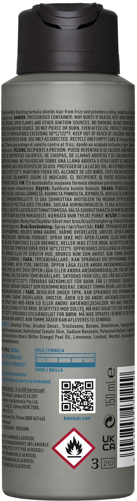 Een cilindervormige spuitbus met een zwarte dop, bedekt met kleine tekst, veiligheidswaarschuwingen en een QR-code.