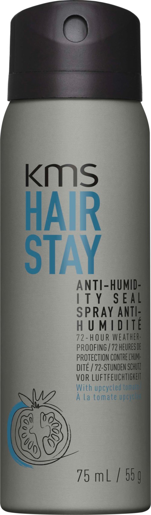 Een grijze fles met een zwarte dop, label KMS Hair Stay Anti-Humidity Spray, voor 72 uur haarbescherming.