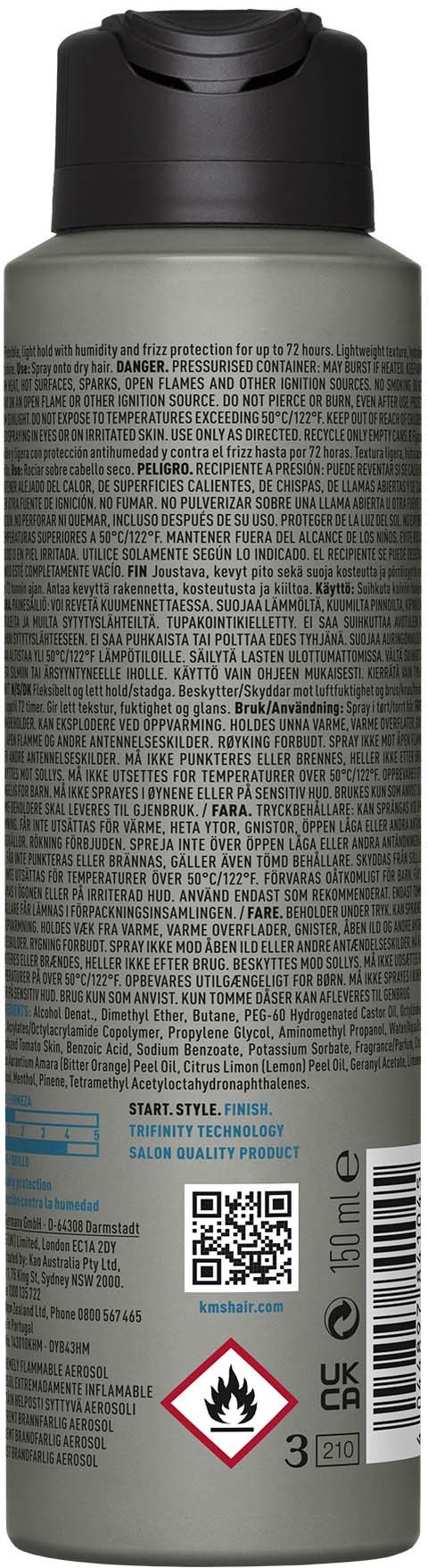 Een grijze spuitbus met zwarte dop, gedetailleerde tekst, QR-code en een waarschuwingsteken voor ontvlamming.