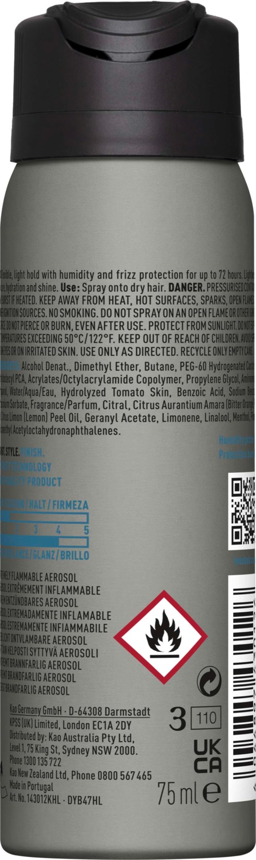 Een grijze spuitbus met zwarte dop, waarschuwingssymbolen en tekst op het label voor spray of deodorant.