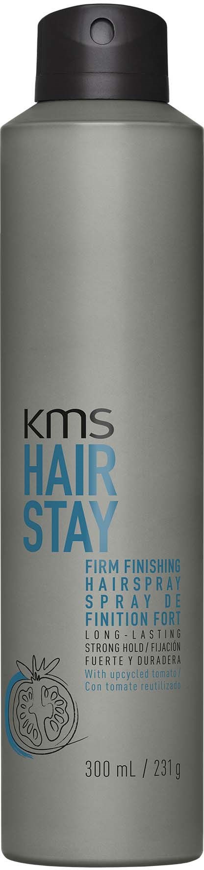 Een lange grijze bus met een zwart deksel, met 'KMS Hair Stay' voor haarspray.