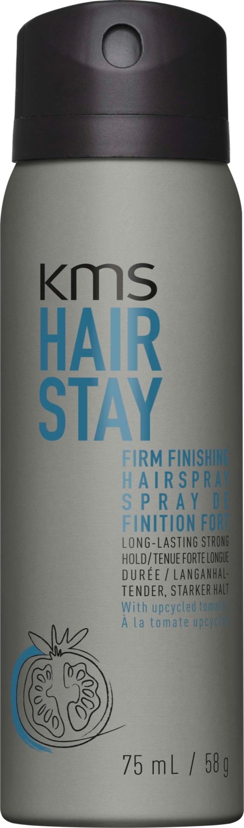 Een grijze sprayfles met een zwarte dop, gemarkeerd KMS HAIR STAY, beschrijft haarspray voor finishing en hold.