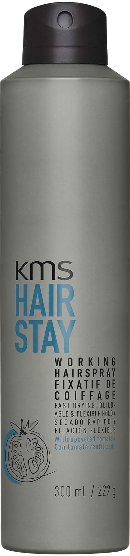 Een grijze fles met zwarte dop, gemarkeerd 'KMS HAIR STAY' voor het fixeren van haar, 300 ml.