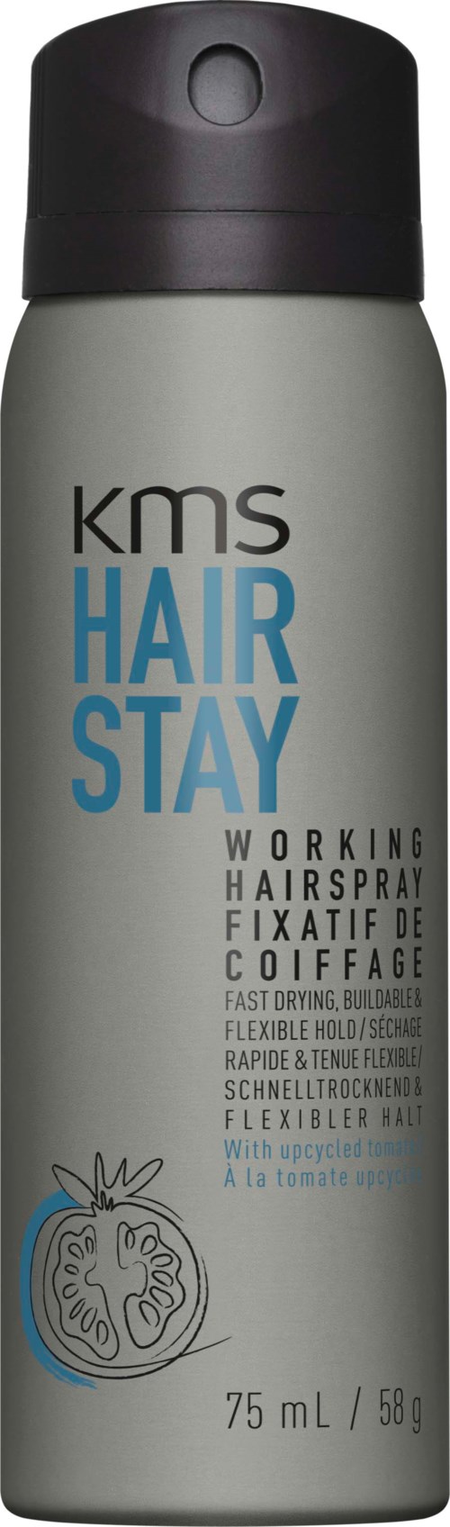 Een grijze fles met zwarte dop, gemarkeerd "KMS Hair Stay" haarspray, toont een tomatenbeeld en details in kleine tekst.