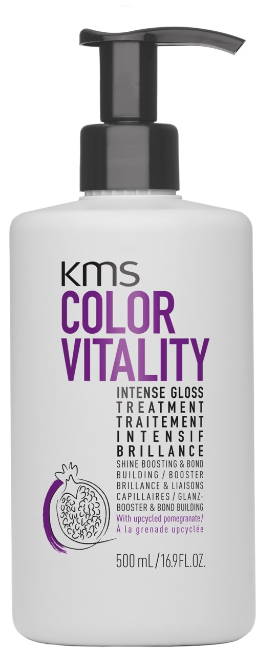 Een witte fles met zwarte pomp labeled 'KMS Color Vitality Intense Gloss Treatment'. Het heeft een paarse granaatappelschildering.