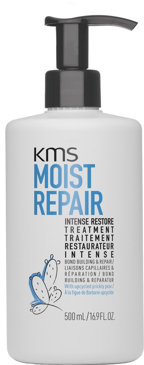 Een witte fles met zwarte pomp met label "KMS Moist Repair" voor haarverzorging, 500 ml.