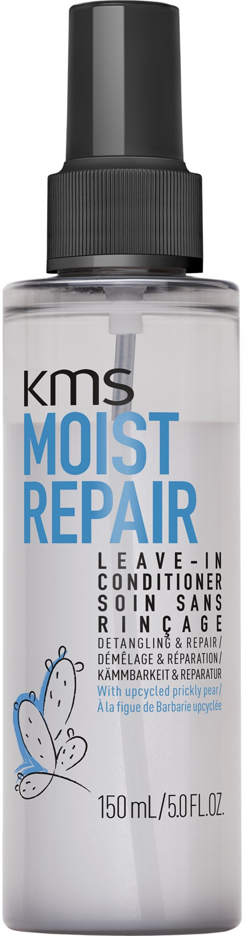 Een doorzichtige sprayfles met label 'KMS Moist Repair Leave-In Conditioner' met een vlinder en blauwe tekst.