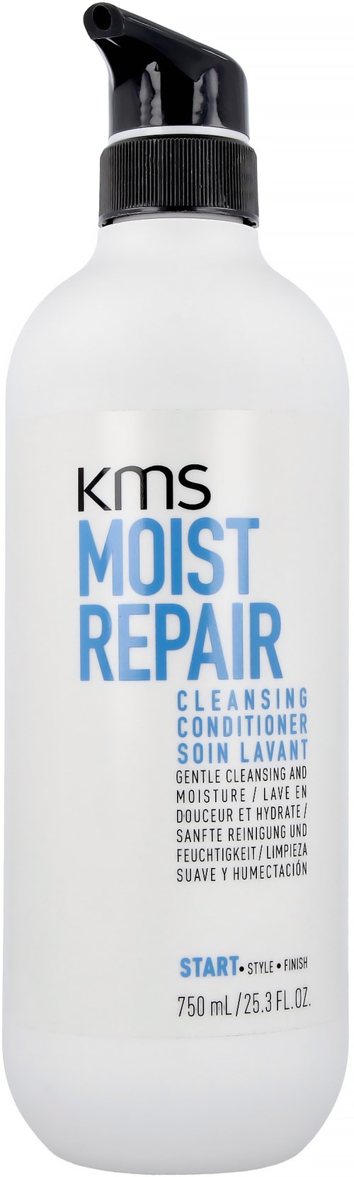 En vit flaska med svart pump, märkt 'KMS Moist Repair Cleansing Conditioner,' 750 ml, används för hårvård.