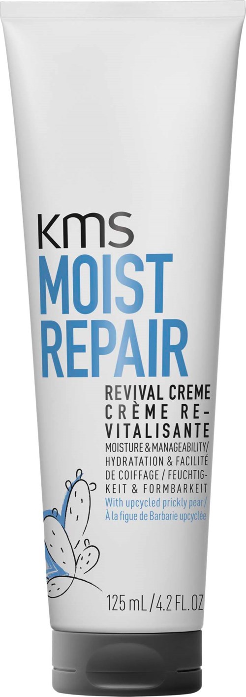 Eine weiße Tube mit KMS Moist Repair Creme, mit Schmetterlingsabbildung und blauem Text.