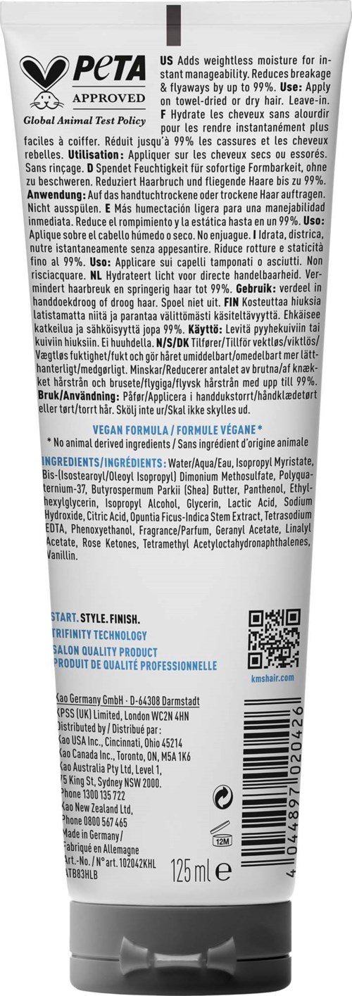 PETA-zertifiziertes Produktetikett mit Text, Zutaten, Gebrauchsanweisung, Barcode und QR-Code, hauptsächlich schwarz-weiß.