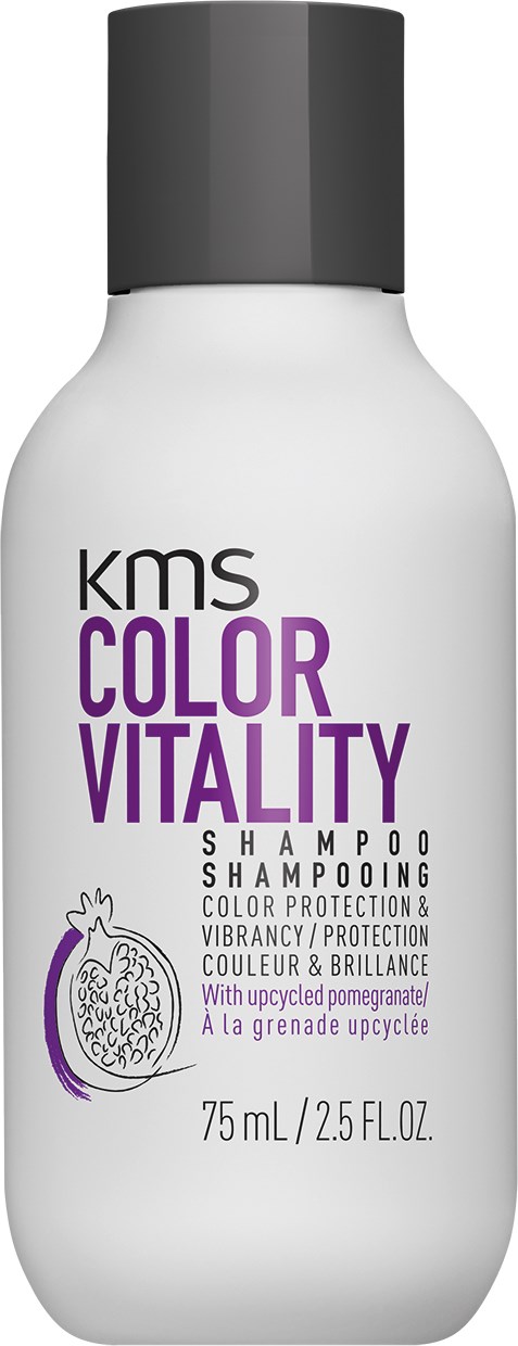 Een witte fles met KMS Color Vitality shampoo met paarse en zwarte tekst en een granaatappelillustratie.