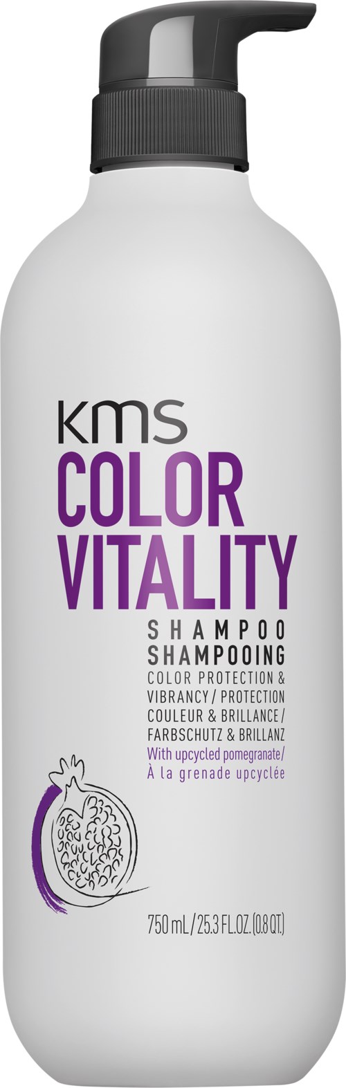 Een witte shampoo fles met een zwarte pomp, paarse en zwarte tekst, en een illustratie van een granaatappel.