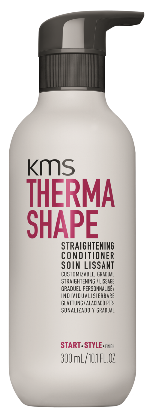 Een witte fles met een zwarte pomp, gelabeld KMS Therma Shape conditioner voor haar recht te maken.