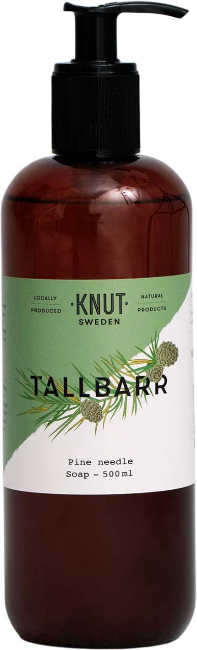 Braune Flasche mit schwarzem Pumphahn, beschriftet 'KNUT SWEDEN TALLBARR Kiefernzweig Seife 500ml.'