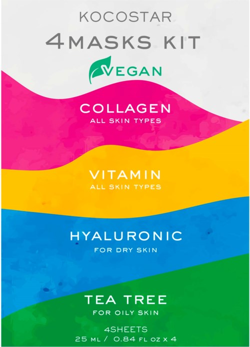 En eske med fire ansiktsmasker for ulike hudtyper, inkludert vegan, kollagen, vitamin, hyaluronsyre og te-trær masker.