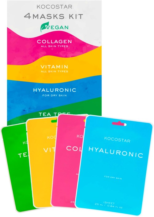 Fire fargerike maskepakker for vegansk, kollagen, vitamin og hyaluronsyre hudpleieprodukter. Hvert paket viser produkt type.