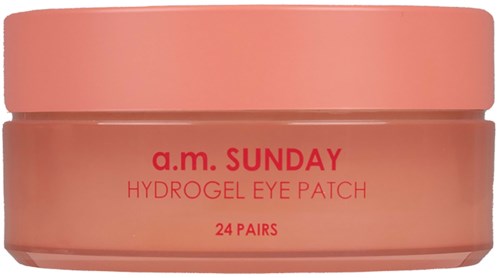 A pink container of hydrogel eye patches with red text, indicating it contains 24 pairs for Sunday use.