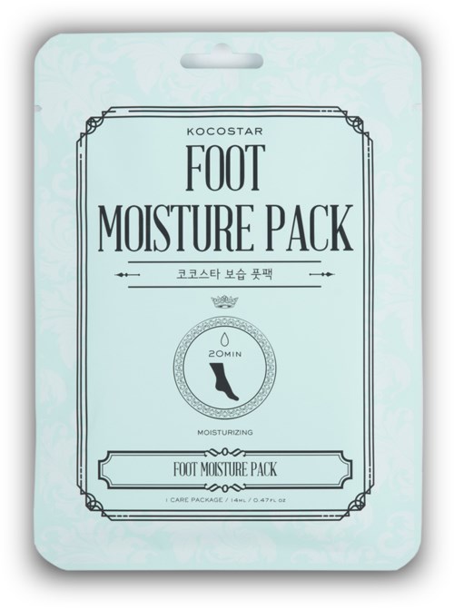 Ett ljusblått paket märkt 'Foot Moisture Pack' med instruktioner för att hålla fötterna återfuktade i 20 minuter.