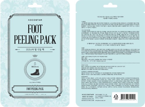 Förpackning för fotpeelingbehandling, med instruktioner och ingredienser skrivna på koreanska.