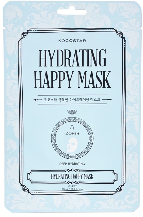 En lyseblå pakke for ansiktsmaske med svart og hvit tekst, som viser at det er en fuktighetsgivende maske for dyp hydrering.