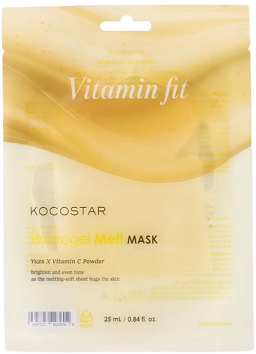 Gele en witte verpakking voor een vitaminen gezichtsmasker met tekst en kleine streepjescode.