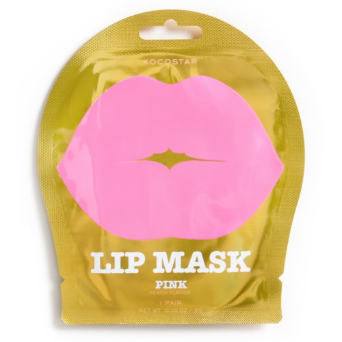 Een roze lip mask verpakking met een gouden achtergrond en een lipafdrukontwerp. Het zegt 'LIP MASK PINK'.