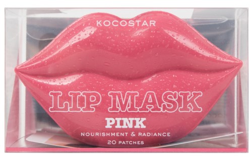 Een roze lipvormige masker met 20 patches, in een doorzichtige doos, bevordert voeding en straling.