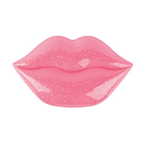 Een glanzende roze lipvormige voorwerp met waterdruppels.