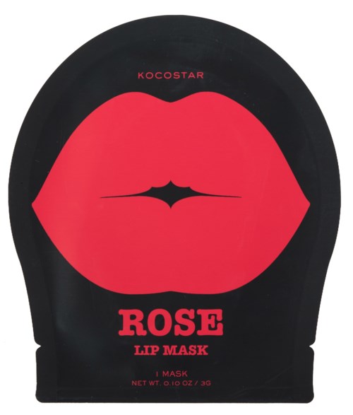 Een zwart zakje met een grote rode lipafbeelding en tekst voor een rozenlippenmasker.