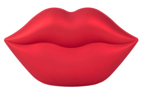 Een rood lipvormig object met een gladde, glanzende oppervlakte, die op een gestileerde lip-emoji lijkt.