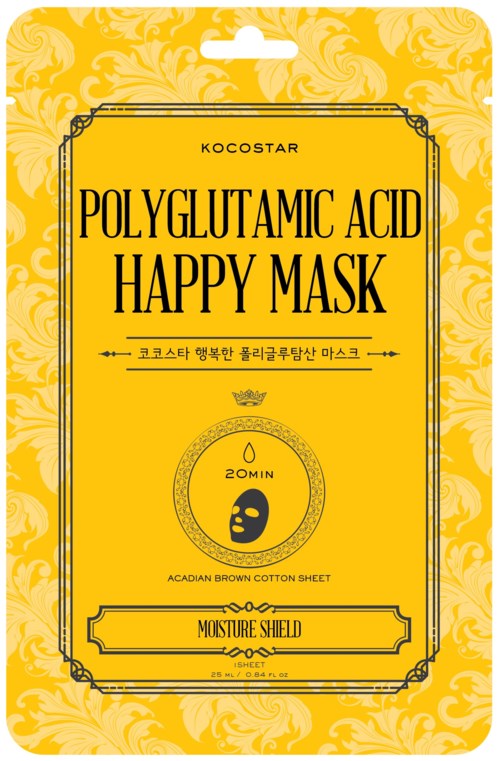 Een gele verpakking met zwarte tekst voor een gezichtsmasker genaamd 'Polyglutamic Acid Happy Mask'.