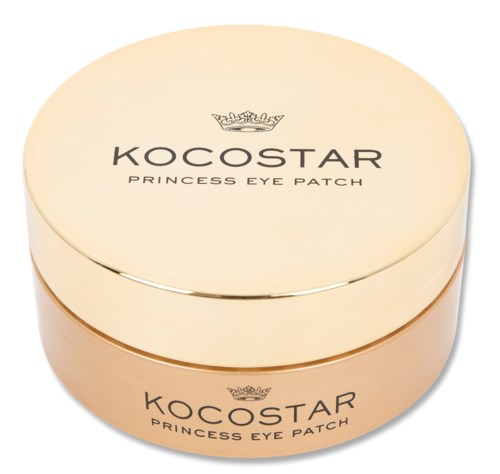 Een ronde, goudkleurige container met de tekst 'KOCOSTAR PRINCESS EYE PATCH' en een kroonlogo op deksel.