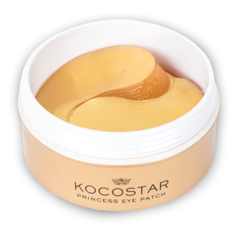 Een potje met gele oogpatchcrème met witte deksel, gemerkt 'Kocostar Princess Eye Patch'.