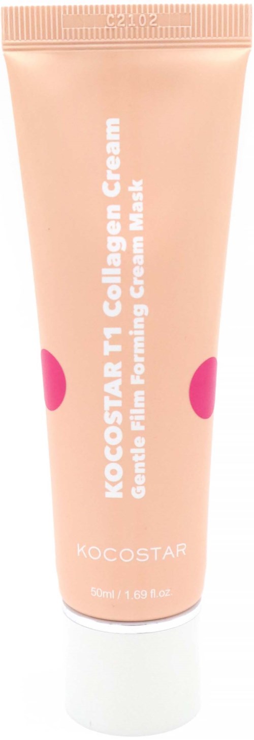 En lys orange tube med hvit tekst, merket 'KOCOSTAR T1 Collagen Cream' for hudpleie.