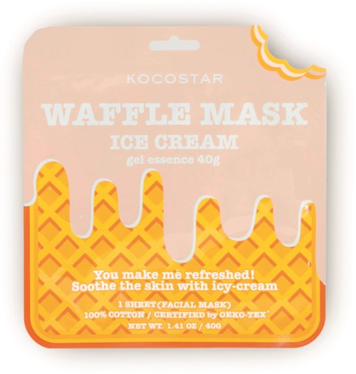 Roze verpakking voor wafelmasker met ijscreamsmaak, met gele wafelpatroon en labeltekst.