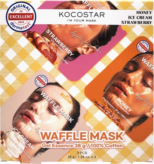 Kolme naista käyttävät erilaisia kasvosmaskeja, nimeltä Waffle Mask, Honey Ice Cream ja Strawberry.