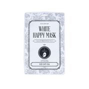 Verpakking van een gezichtsmasker in wit en grijs, genaamd 'White Happy Mask' voor huidverzorging.