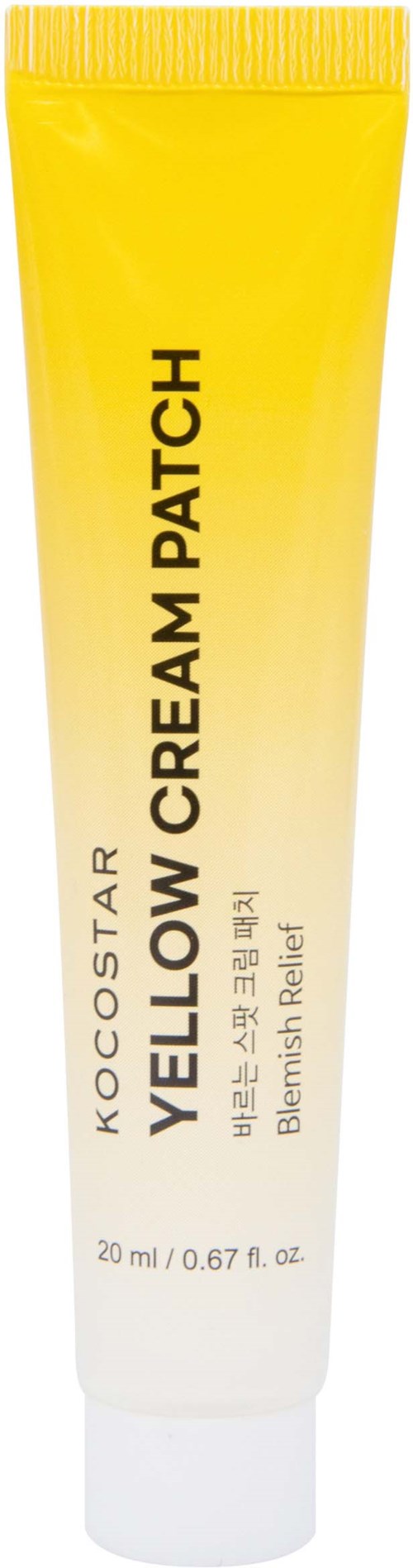 En gul tub märkt 'KOCOSTAR Yellow Cream Patch' för fläckbehandling, innehåller 20 ml produkt.