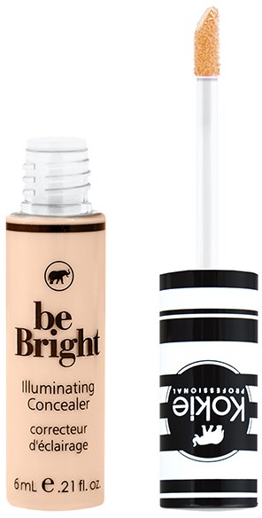 Beige riba valkoisella korkilla, merkattu "be Bright" valaiseva peiteaine, jossa mustavalkoinen sormiharja.